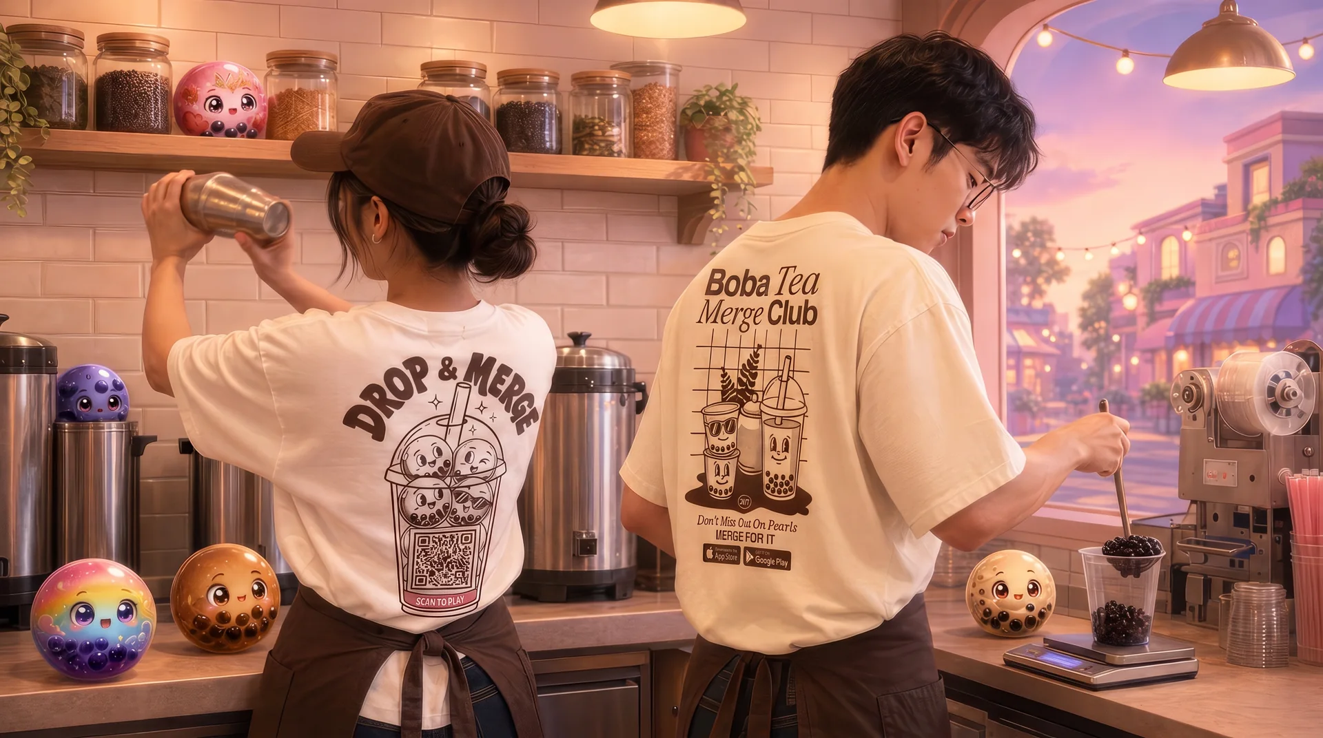 Two baristas in Drop & Merge Club tees behind a boba café counter