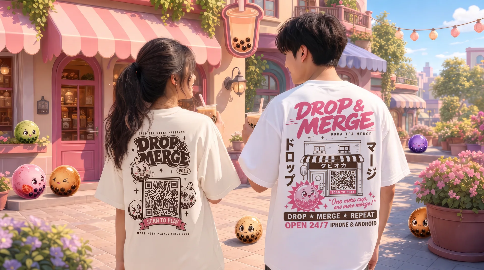 Two friends in Drop & Merge tees, one printed in Japanese, outside a pink boba shop