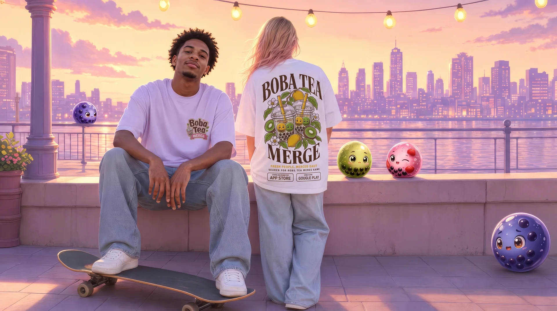 Two people on a rooftop at sunset in Boba Tea Merge tees